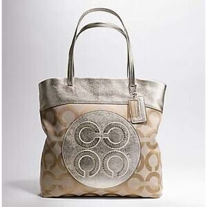 Coach 15013 Julia Op Art Metallic Gold Logo Jacquard & Leather Shoulder Tote Bag